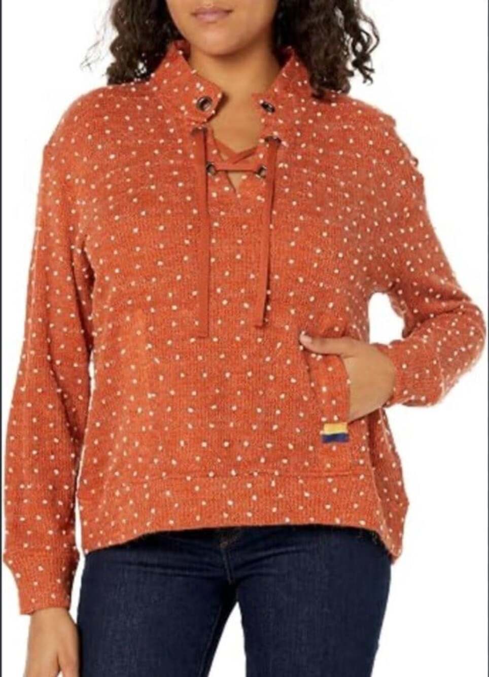 Tru Luxe Jeans Sweater Sz L Swiss Dot Rust Lace Up Stand Up Collar Boho Chic